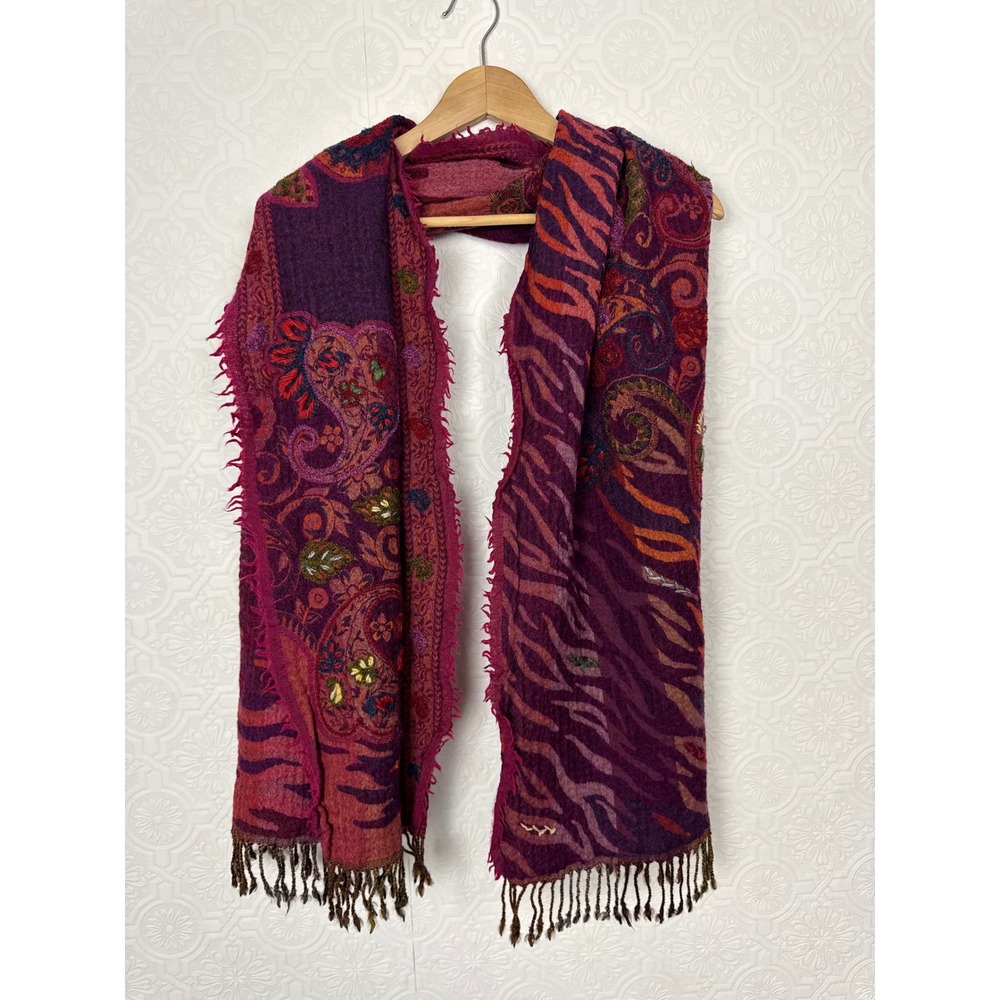 Ahujasons Tassel Scarf Wrap Purple Paisley Print Wool Blend Embroidered